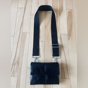 RUDSAK Black Leather Crossbody with Wide Branded Strap